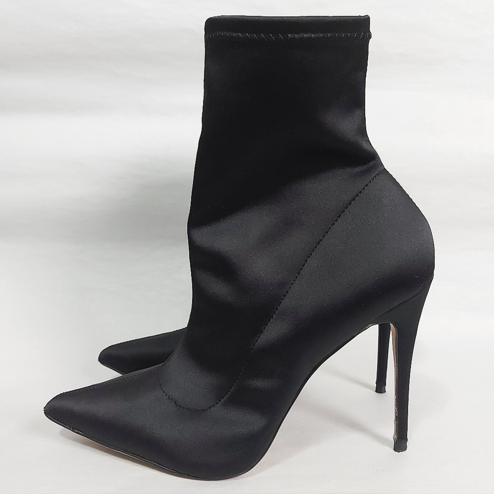 Aldo Black Satin Sock Booties Size 9 Pull-on Ankle High Stiletto Heel Pointy Toe - Picture 3 of 13